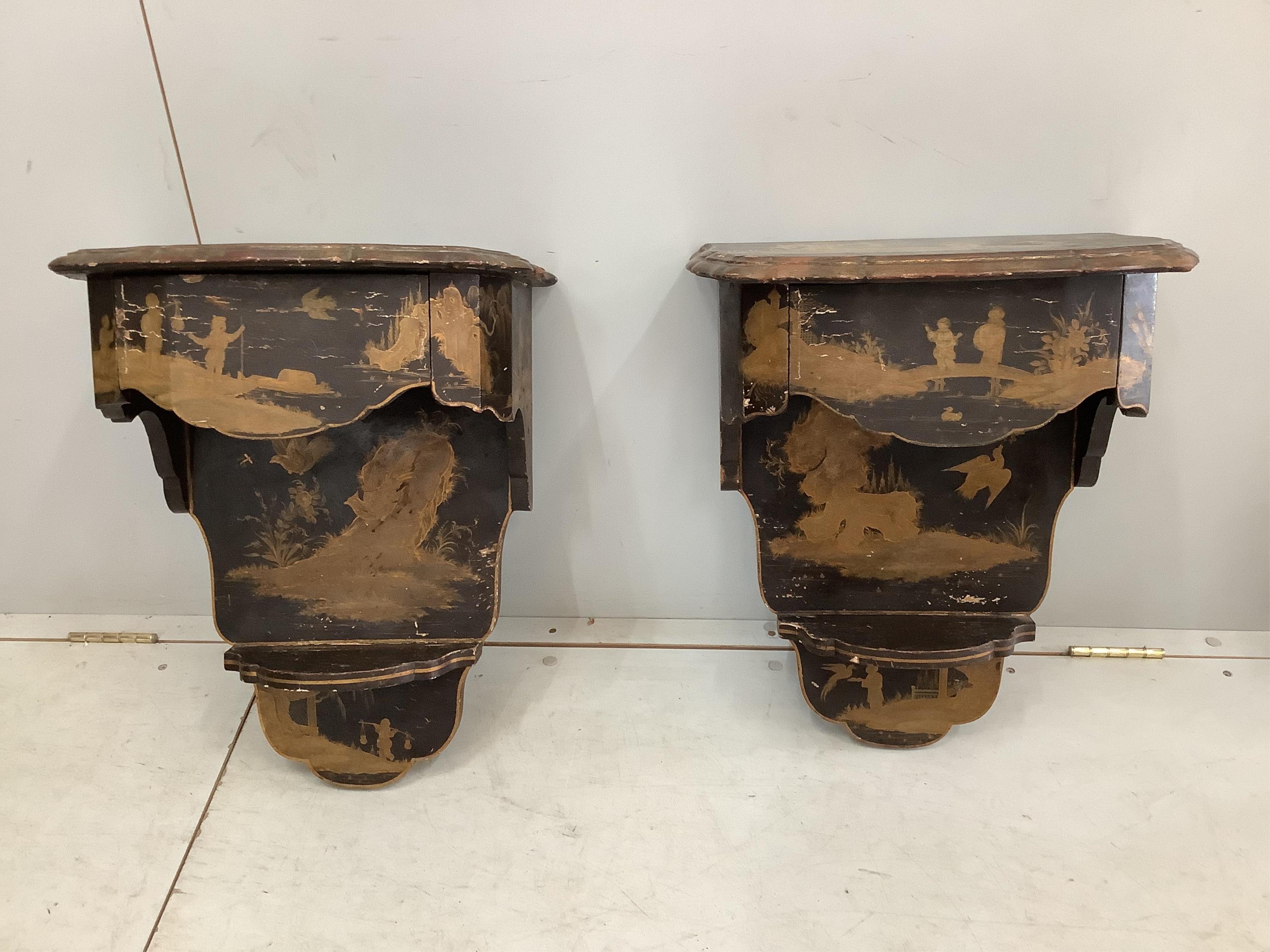 A pair of chinoiserie lacquer wall brackets each fitted single drawer, width 44cm, depth 29cm, height 56cm